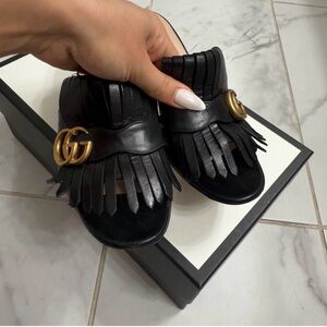 Black Fringe Leather Slide Sandals with Gold Double-G Accent